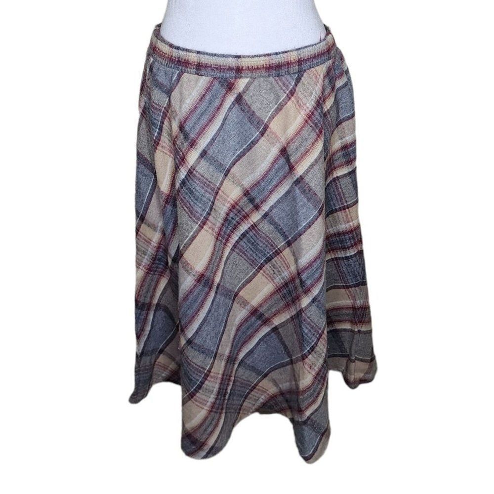 Vintage 70s Circle Skirt Womens Size L Gray Blue Plaid School Girl Academia